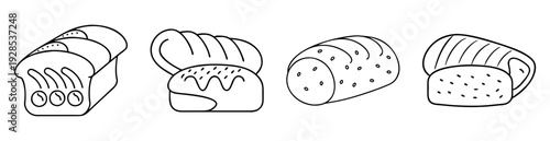 Black and white outline illustration of different types of loaf bread