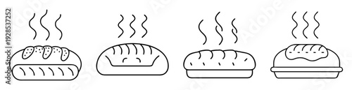 Black and white line drawing of different breads with wavy heat above