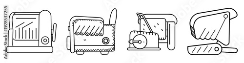 Black and white line drawing collection of vintage deli slicers