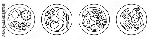 Four plates of food with doughnuts, sausages, eggs, pastries in line art