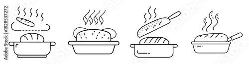 Four different illustrations of hot steaming bread loaves coming fresh out of oven