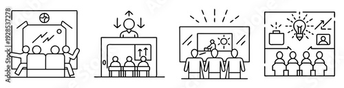 business meeting and team collaboration icons depict people brainstorming and discussing strategies