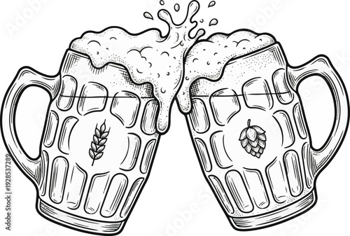 Hand Drawn Vintage Beer Mugs Clinking Toast Vector Illustration