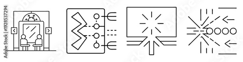 Line drawing compilation of elevator, circuit board, branching lines, and convergent lines