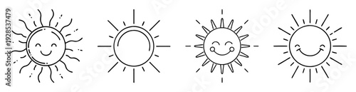 Collection of adorable sun doodle cartoon vector icons in black outline