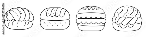 Black and white line art illustration of various burger and bread shapes