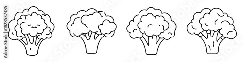 Line art illustration of four broccoli heads, one with a smiling face