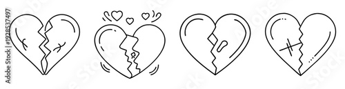 Four unique broken hearts in black line art design illustration