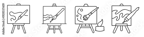 Linear art showing multiple canvases and painting brush illustrations with simple drawings