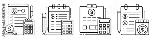 Financial planning and accounting icons for business and money management tasks