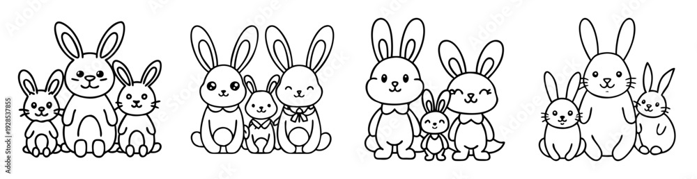 Fototapeta premium Cute and adorable bunny rabbit families in black and white outlines