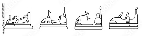 Four line art illustrations showcasing classic bumper car designs in vector format
