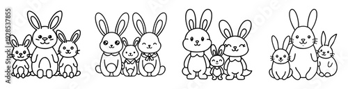 Cute and adorable bunny rabbit families in black and white outlines