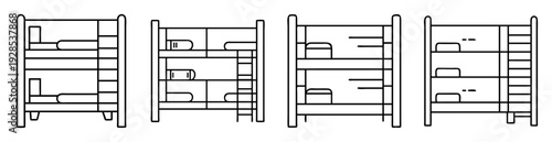 Stylized monochrome line art of various stacked bunk bed arrangements