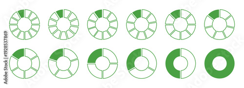 Wheel round green divided diagrams from one to twelve segments. Circle division on 1 to 12 equal parts. Coaching blank flat template. Set of green segments wheel round divide infographics.