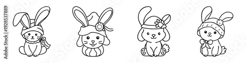 Group of cute and adorable cartoon bunnies wearing hats, black and white