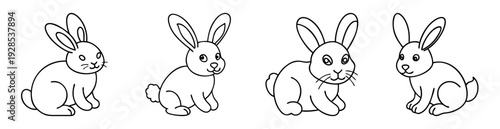 Four cute outline bunnies with long ears sitting in a row