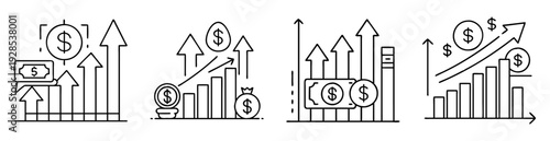 Different depictions of financial growth shown in a line drawing style