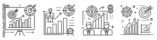 Illustration of goals, growth, and business progress, represented by various charts and targets