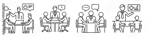 Diverse business meeting scenarios with individuals collaborating and presenting ideas, vector illustration