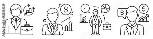 Business professionals and financial growth indicators in a conceptual line drawing