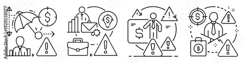 Financial risk and business management illustration with umbrella, dollar, briefcase and warning symbols