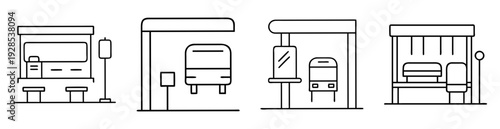 Outline illustrations of four different modern bus stop shelters, vector graphic