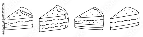 Four slices of cake with different designs on each one line art