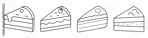 Four different outlined slices of layered cakes, each with unique toppings