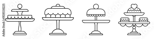 Four Unique Cake Stands with Cakes or Cupcakes Outline Style