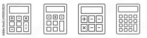Four black and white calculator illustrations showcasing varying button layouts