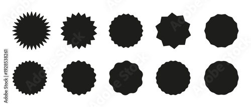 Round sticker set. Star burst black shape tags for price, shop. Wavy edge promo black badges. Flat vintage circle labels. Blank sale stickers set, simple silhouette.