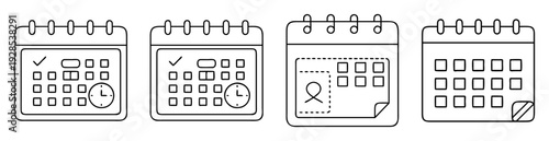 Line art illustration of various calendar icons representing schedule and time