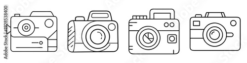 Four vintage camera icons in a line art style black and white
