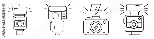Line art illustration showcasing camera flash devices and a camera with flash