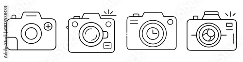 Line art illustration of four camera icons in black and white