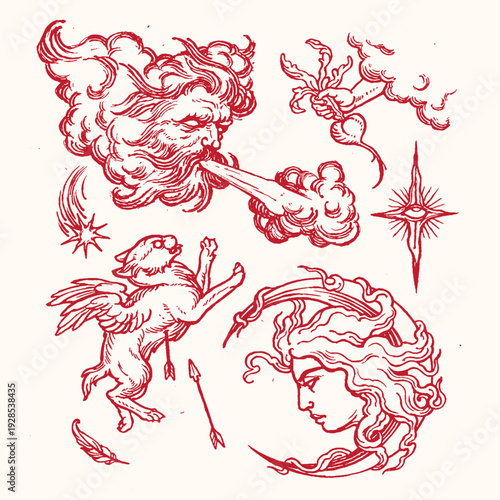 Vintage Red Illustrations of Mythological Figures and Celestial Symbols on Beige Background