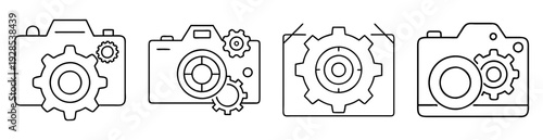 Four images with cameras and gears in a technical illustration style