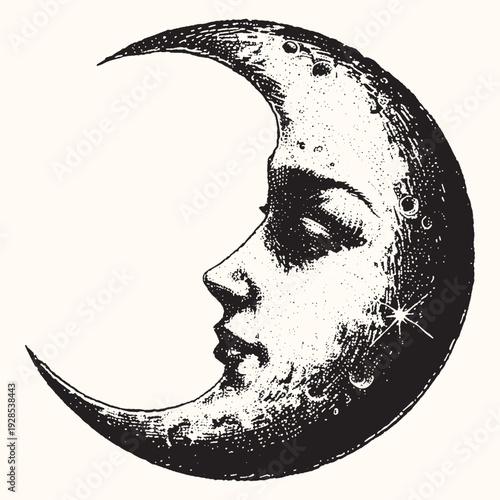 Vintage Engraving of a Woman's Face in a Crescent Moon, Celestial Symbolism