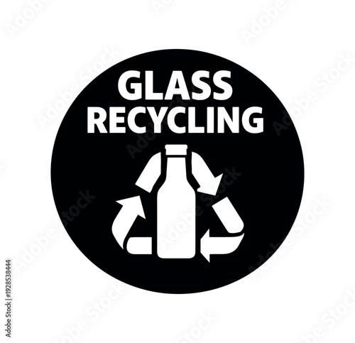 Flat vector badge GLASS RECYCLING simple white bottle with recycle arrows