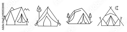Linear graphic illustration of tents and nature elements for camping outdoors