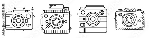 Four retro style camera illustrations in black and white outline