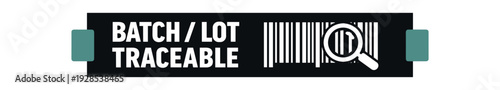 Flat vector label strip badge BATCH / LOT TRACEABLE simple white barcode with magnifier pictogram beside text small tabs