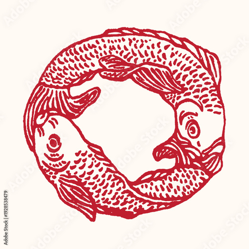 Two Red Koi Fish in a Circular Swirl, Symbolizing Harmony, Balance, and Good Fortune