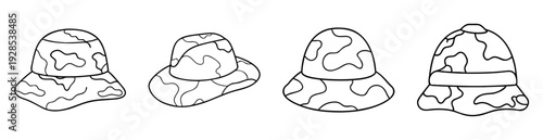 Four cartoon style hats with camouflage pattern outlined in black and white