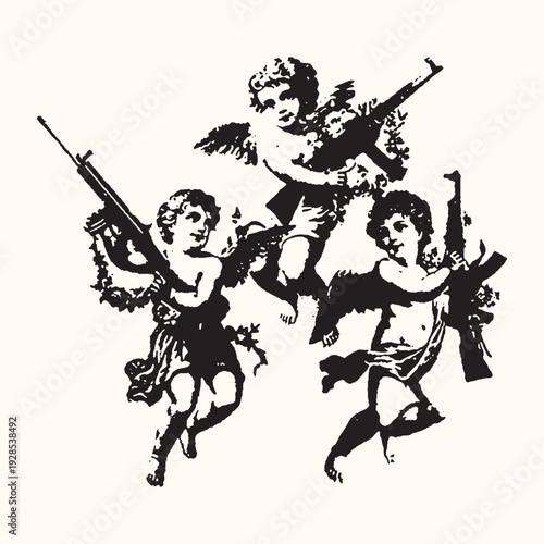 Three Cherubs with Assault Rifles, Dark Angelic Figures with Modern Weapons