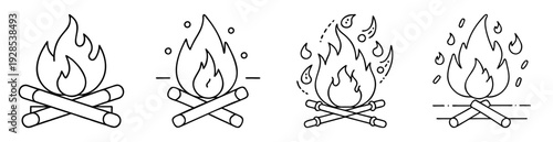 Four Variations of Campfire Illustrations with Flames, Logs, and Smoke Elements