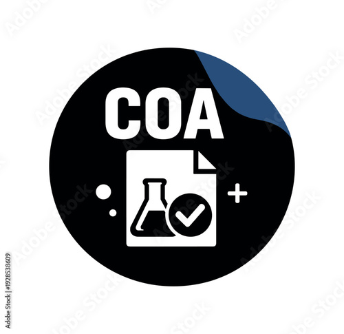 Flat vector sticker peel badge solid black sticker with peeled corner COA simple white document with flask checkmark