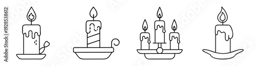 Monochrome line art illustration of various candles with flames in holders