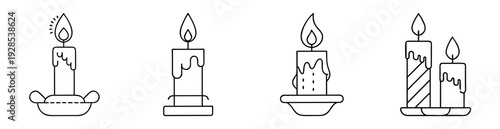 Line art illustration of four burning candles with melting wax on holders